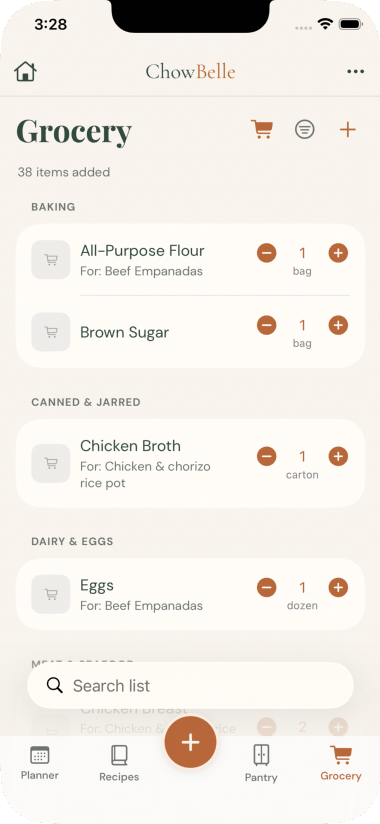 ChowBelle grocery list