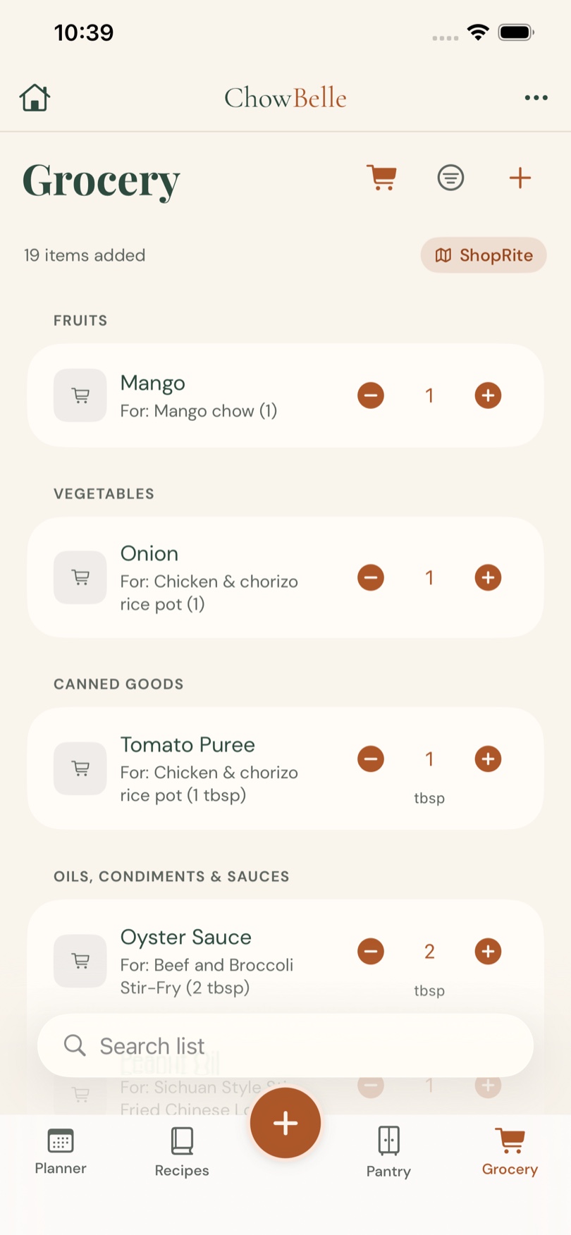 ChowBelle grocery list