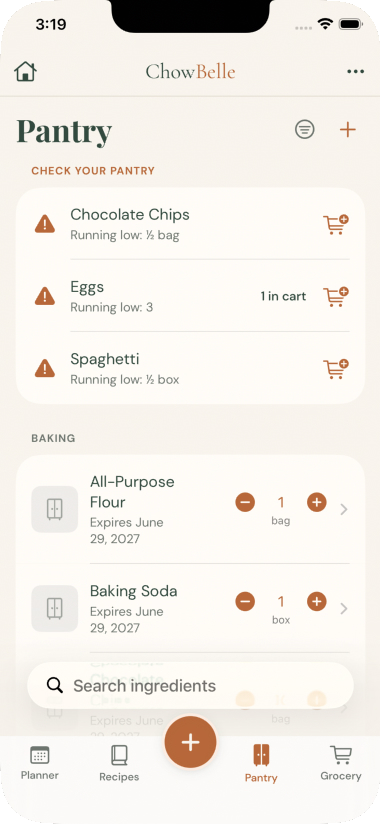 ChowBelle pantry tracker