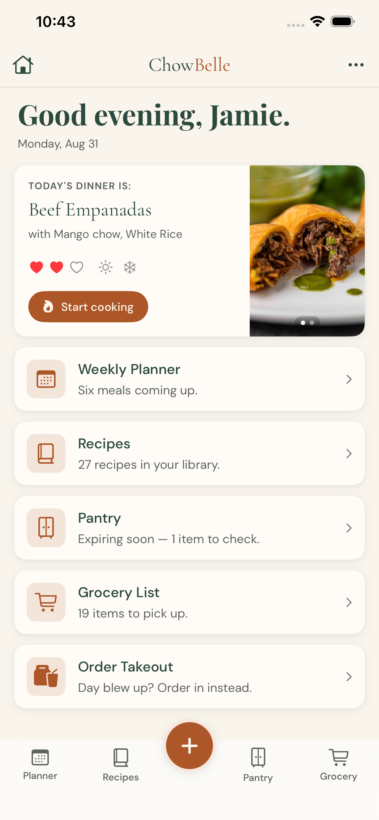 Dashboard: today's dinner and the four sections