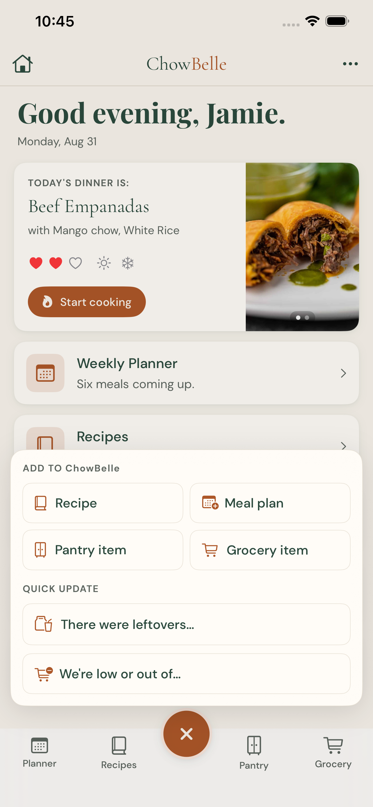 Dashboard with the quick add sheet open