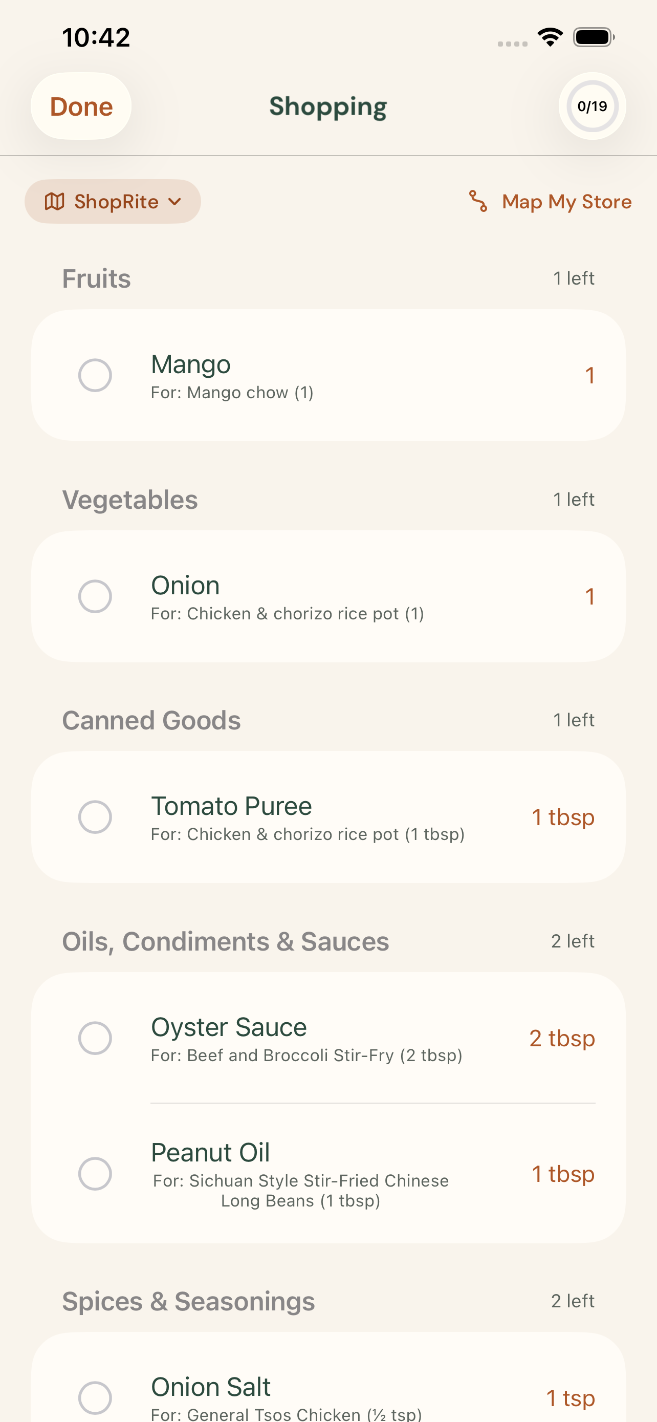 Shopping mode sorted in aisle order