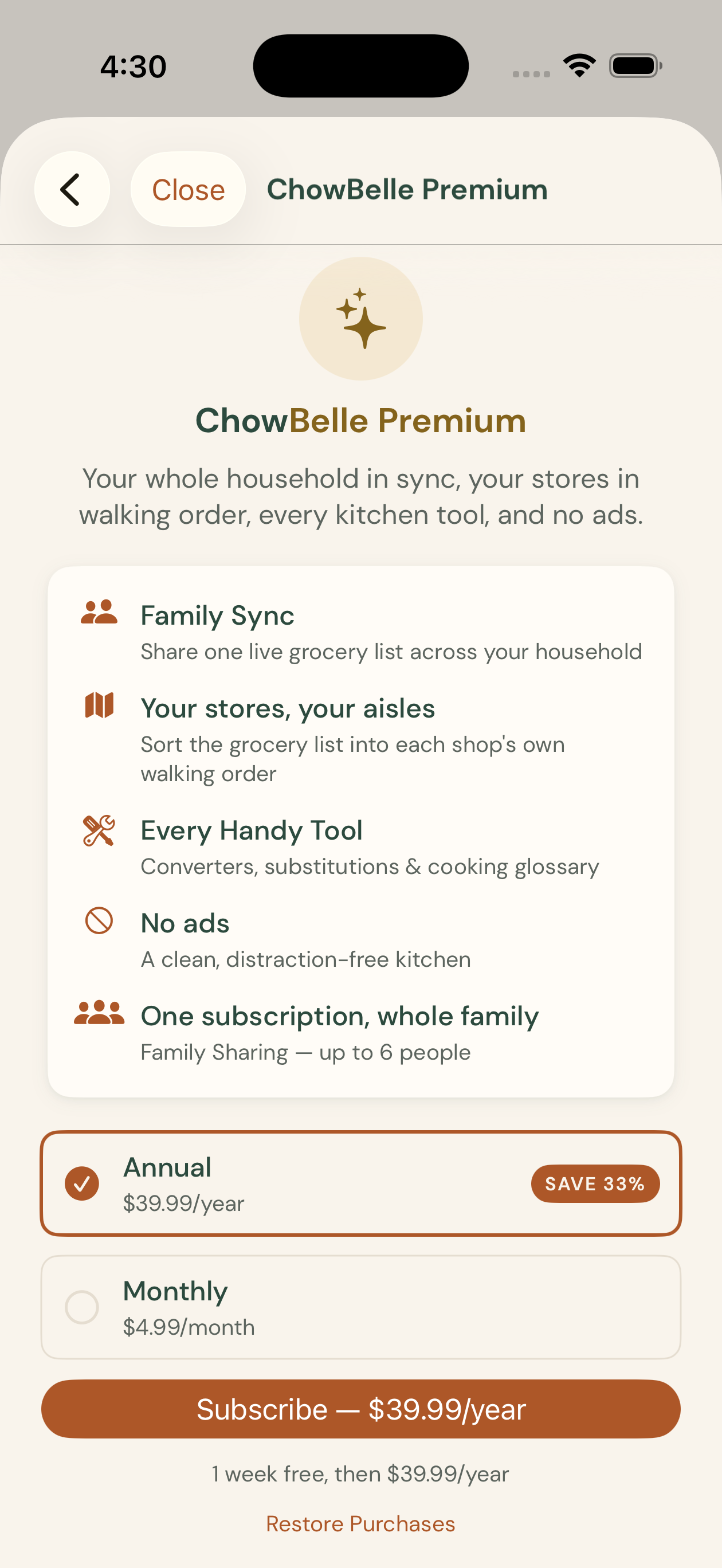 Premium paywall, annual plan